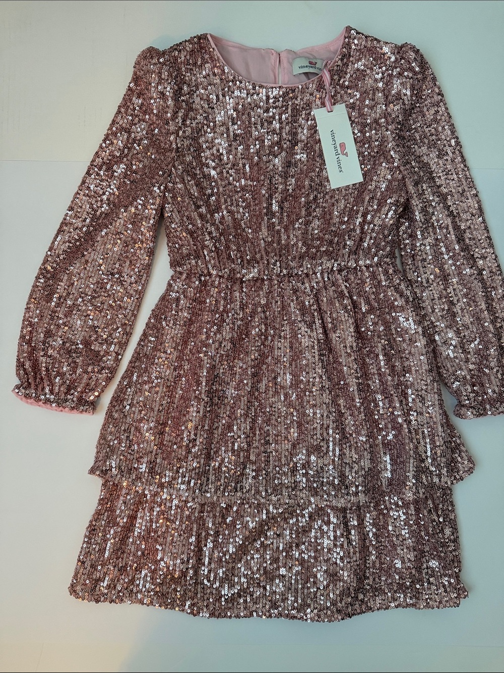 Vineyard Vines Girls' Rose Gold Sequin Tiered Long-Sleeve Dress